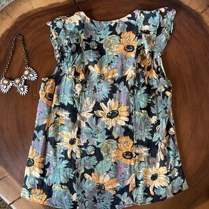 PAIGE Black Floral Ruffled Sleeve Blouse with Yellow & Green Flowers
